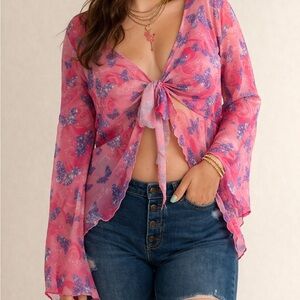 SHEIN Pink Butterfly Tie-Front Sheer Blouse